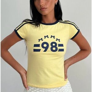 MOTEL Salda Tee in Lemonade with Navy Binding and '98' Emblem
